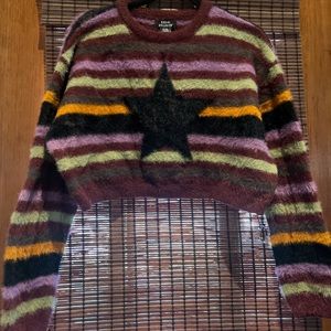 Social Collision Fuzzy Multicolor Stripe Star Crop Sweater